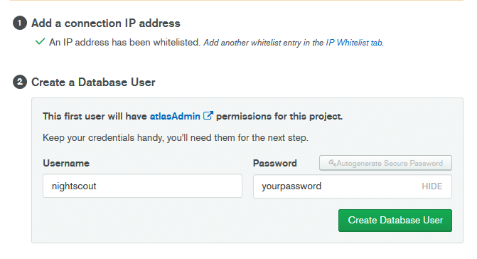 Nightscout - Atlas account database user creation